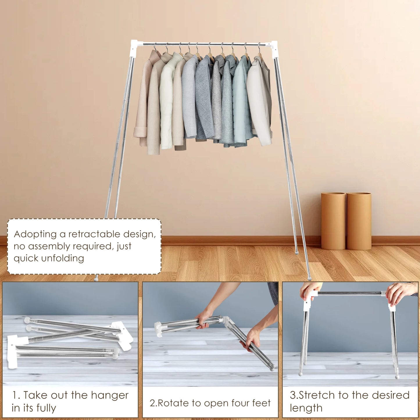 Collapsible Floor Stand Clothes Coat Hanger Stainless Steel Retractable Clothes Drying Rack for Home Dorm Camping Travel Outdoor