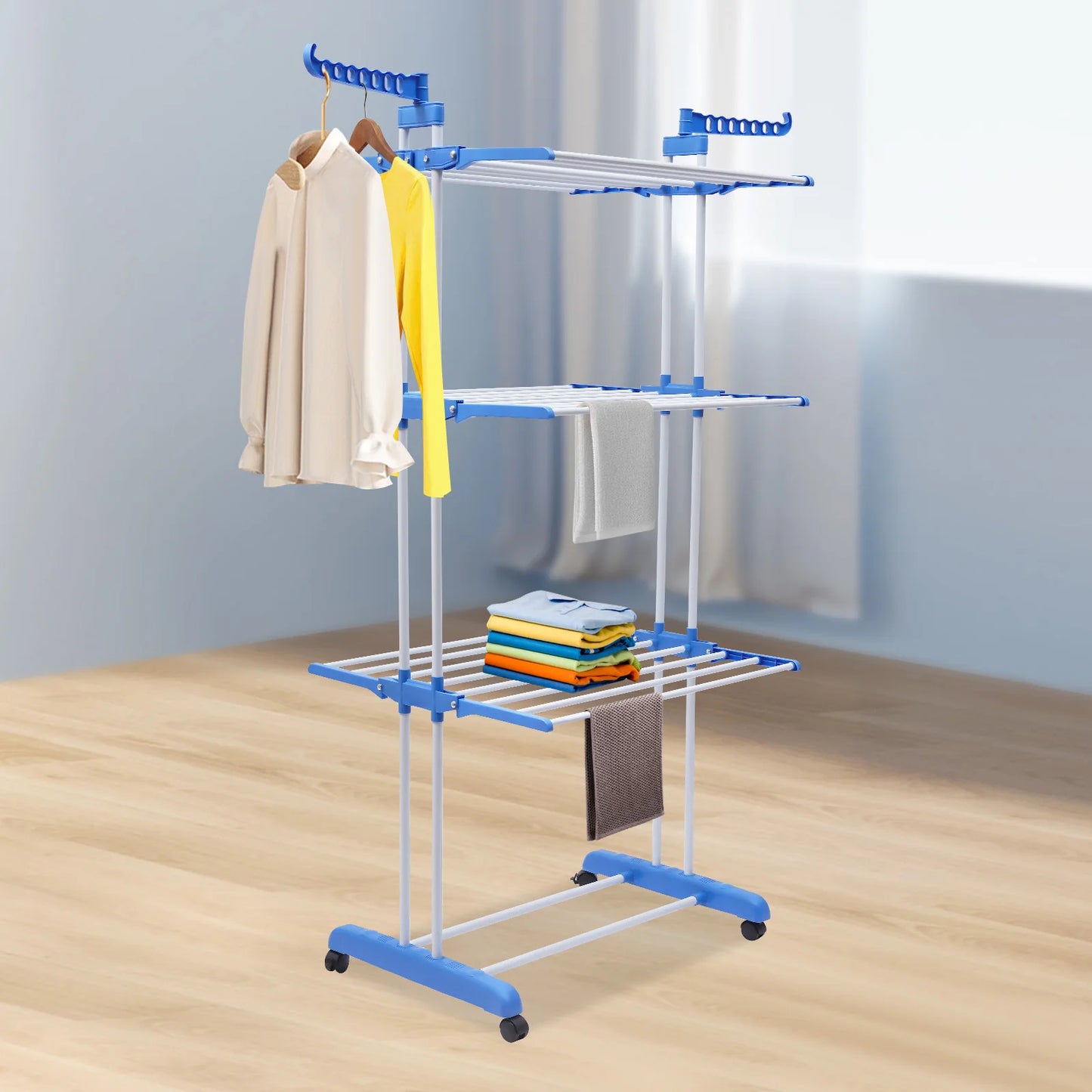 Foldable Clothes Drying Rack, Stainless Steel Garment Dryer Stand with 4-Tier Space & Side Wings, Space Saving Laundry Organizer