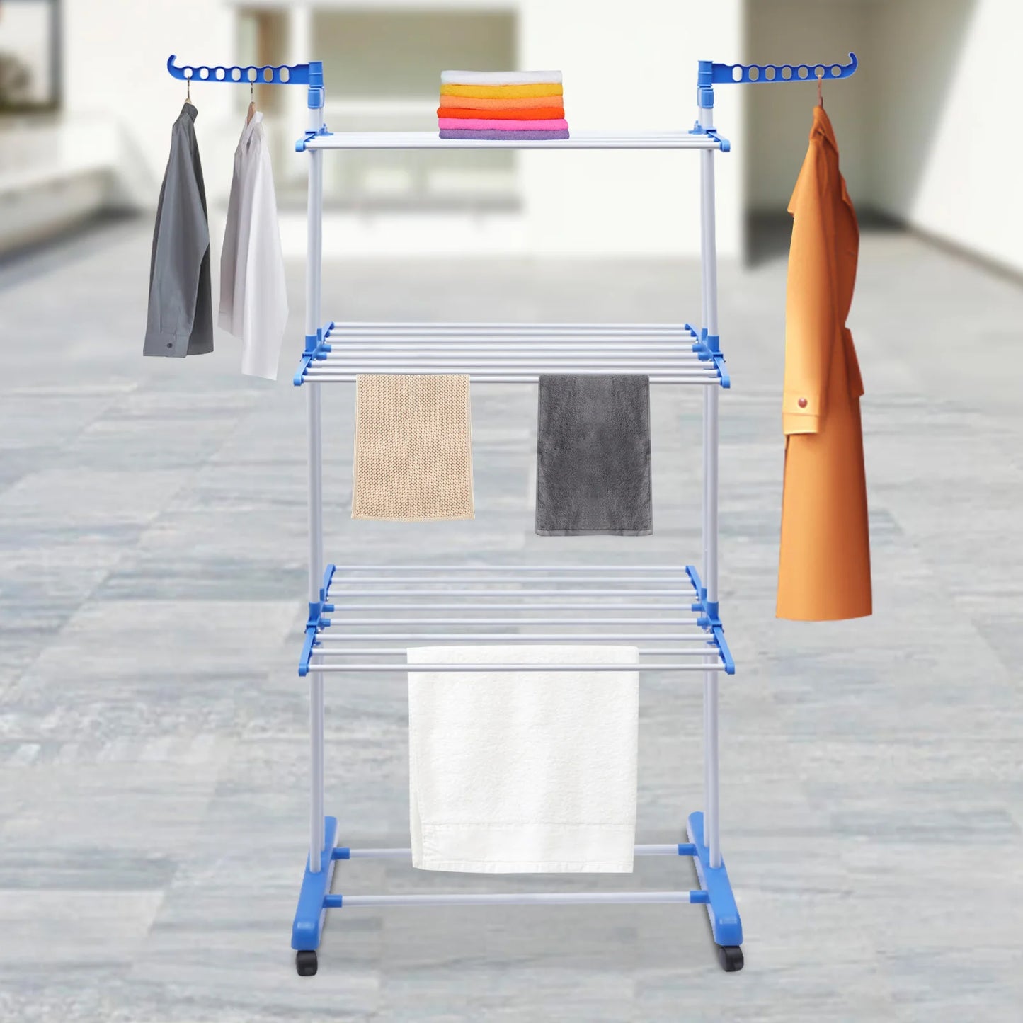 Foldable Clothes Drying Rack, Stainless Steel Garment Dryer Stand with 4-Tier Space & Side Wings, Space Saving Laundry Organizer