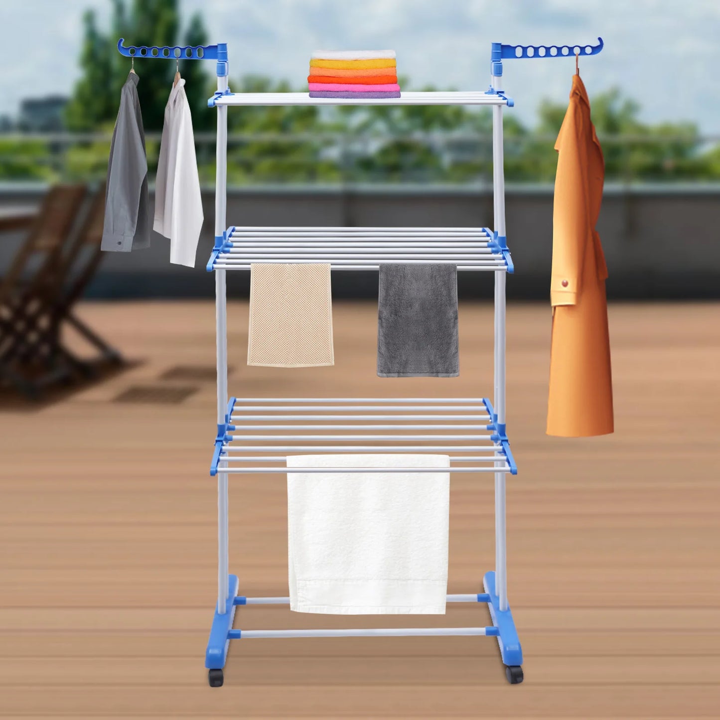 Foldable Clothes Drying Rack, Stainless Steel Garment Dryer Stand with 4-Tier Space & Side Wings, Space Saving Laundry Organizer