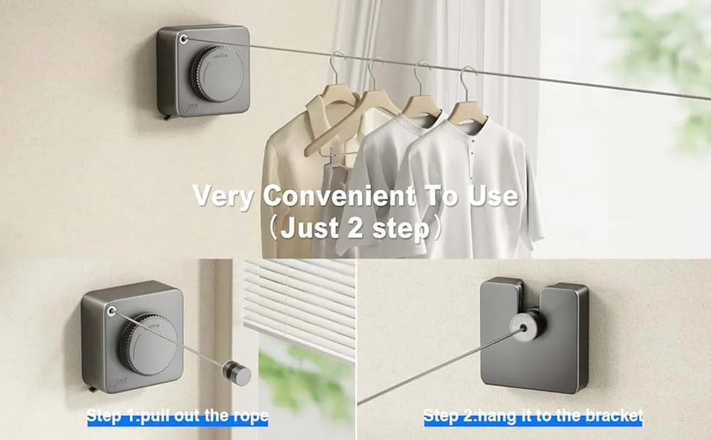 Retractable Clothesline Indoor Retracting Clothes Drying Laundry Line Wall Mounted Non-Sagging Outdoor Clothes Hanger Line