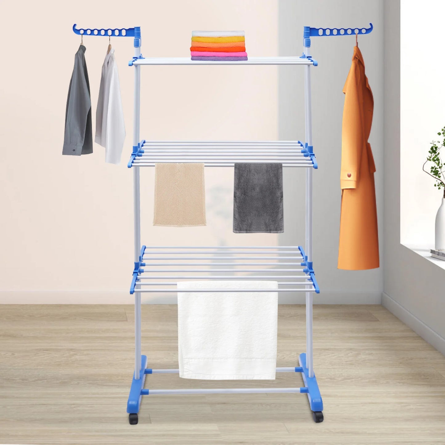Foldable Clothes Drying Rack, Stainless Steel Garment Dryer Stand with 4-Tier Space & Side Wings, Space Saving Laundry Organizer