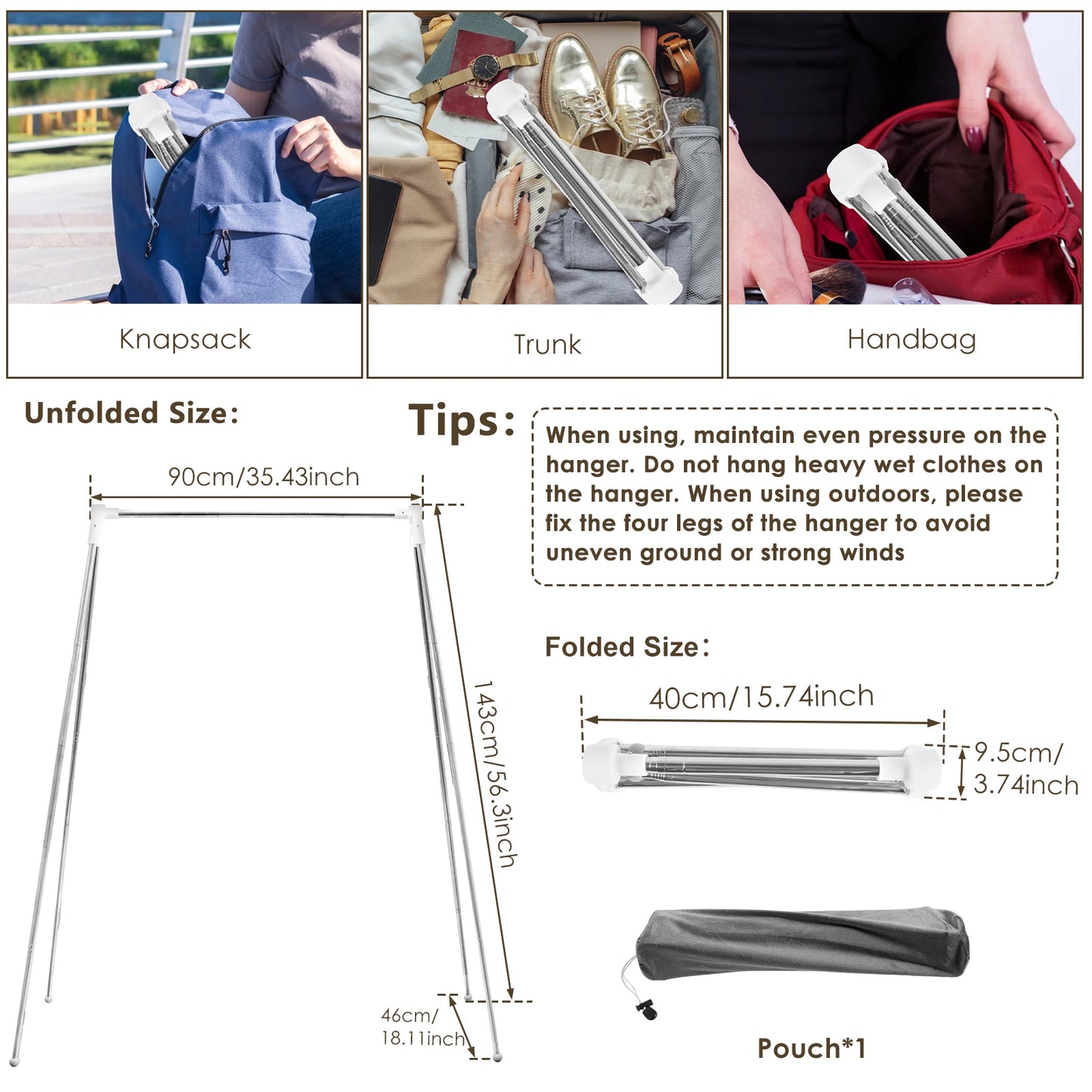 Collapsible Floor Stand Clothes Coat Hanger Stainless Steel Retractable Clothes Drying Rack for Home Dorm Camping Travel Outdoor