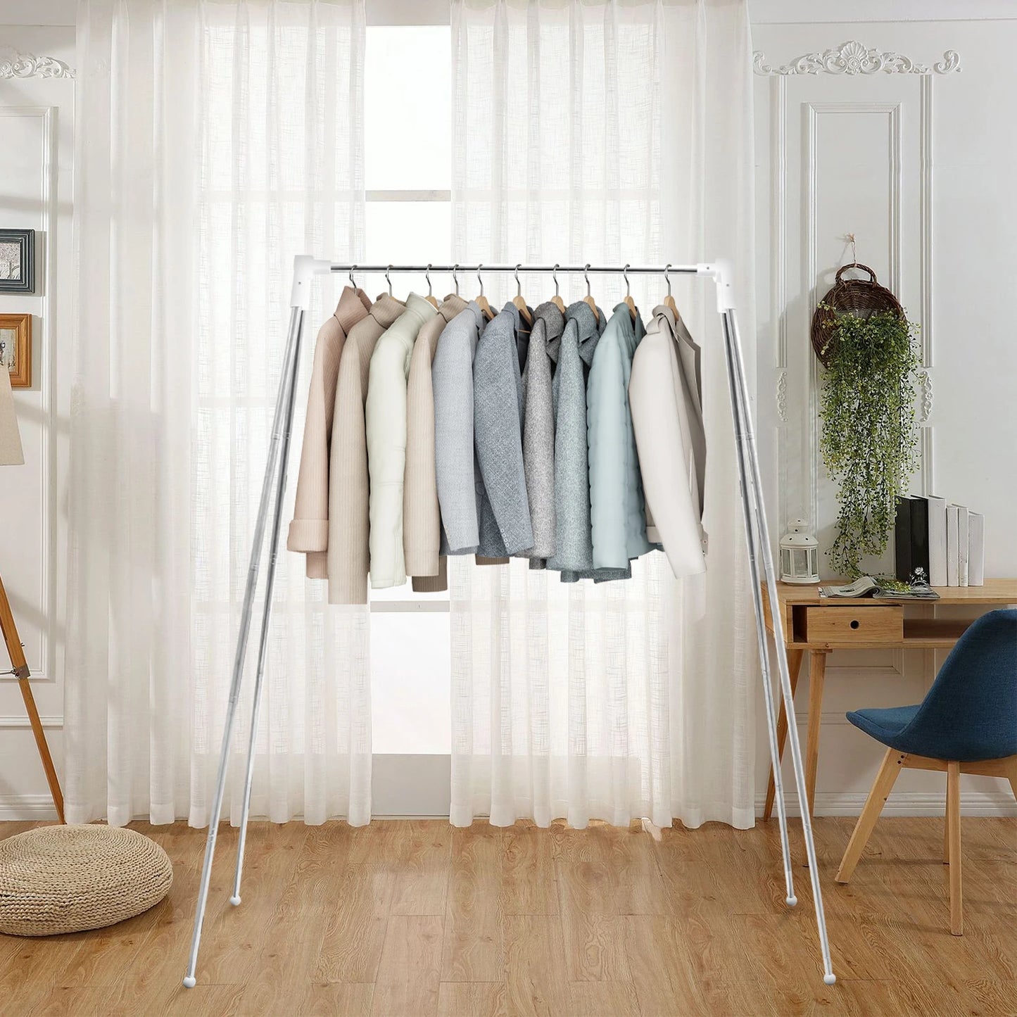 Collapsible Floor Stand Clothes Coat Hanger Stainless Steel Retractable Clothes Drying Rack for Home Dorm Camping Travel Outdoor