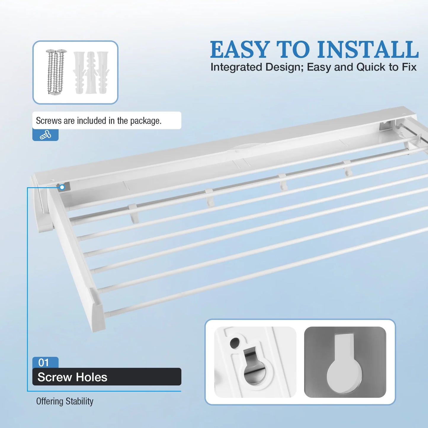 Wall-mounted Laundry Clothes Storage Drying Rack Retractable Invisible Folding Dryer Hanger White 7 Drying Rods